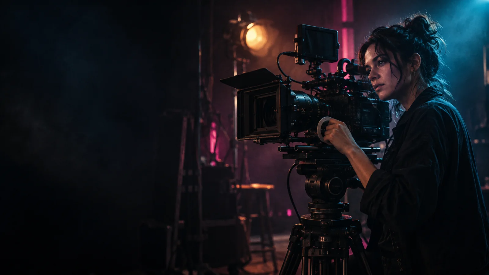 Escena creativa de producción audiovisual con iluminación cian y magenta